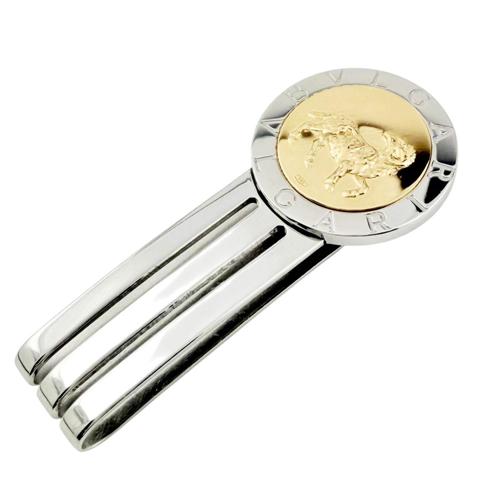 極美品◇BVLGARI ブルガリ 750 ステンレススチール ブルガリブルガリ コンビ サークルロゴ 牡羊座 マネークリップ ゴールド シルバー 重量11.2g メンズ ケース付き 【中古】｜衣類＆ブランドリサイクル GREEN