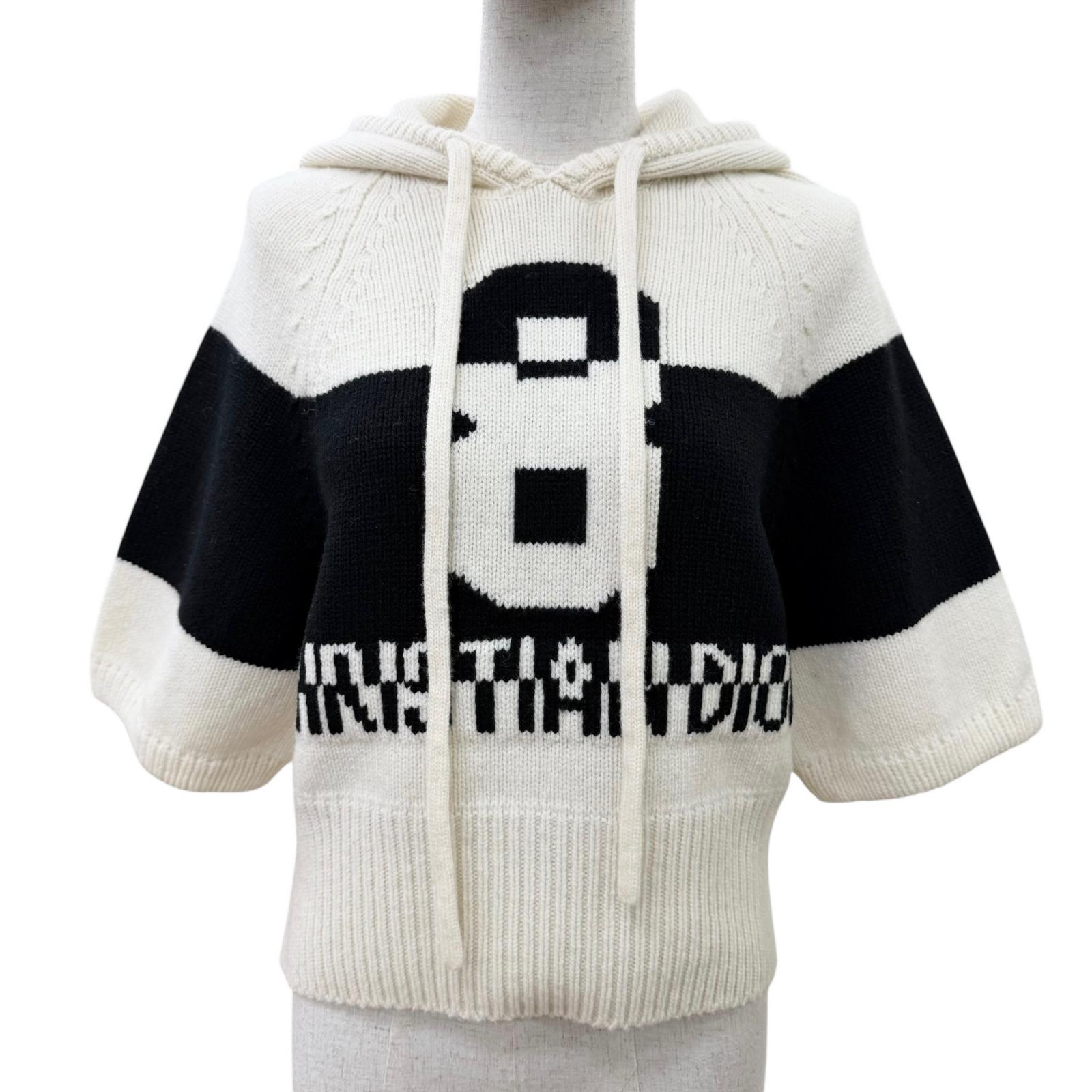 極美品☆Christian Dior クリスチャンディオール 254S56AM121 ウール カシミヤ フロントロゴ フード付 ニットパーカー 半袖ニット アイボリー ブラック 42 イタリア製 レディース 【中古】|衣類&ブランドリサイクル GREEN