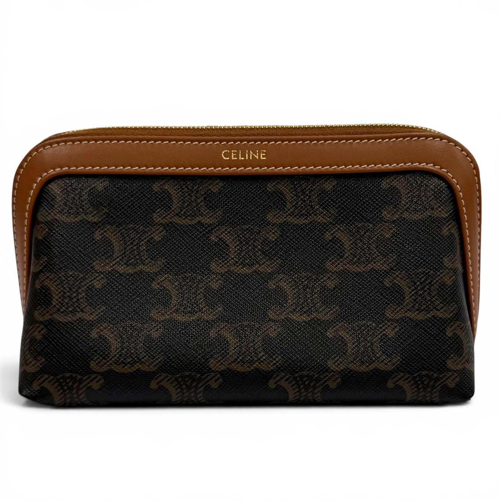 美品★CELINE セリーヌ 4M1622CZ リーヌ スモール コスメティックポーチ トリオンフ レザー ポーチ ブラウン ゴールド金具 イタリア製 レディース 保存袋付き 【中古】|衣類&ブランドリサイクル GREEN