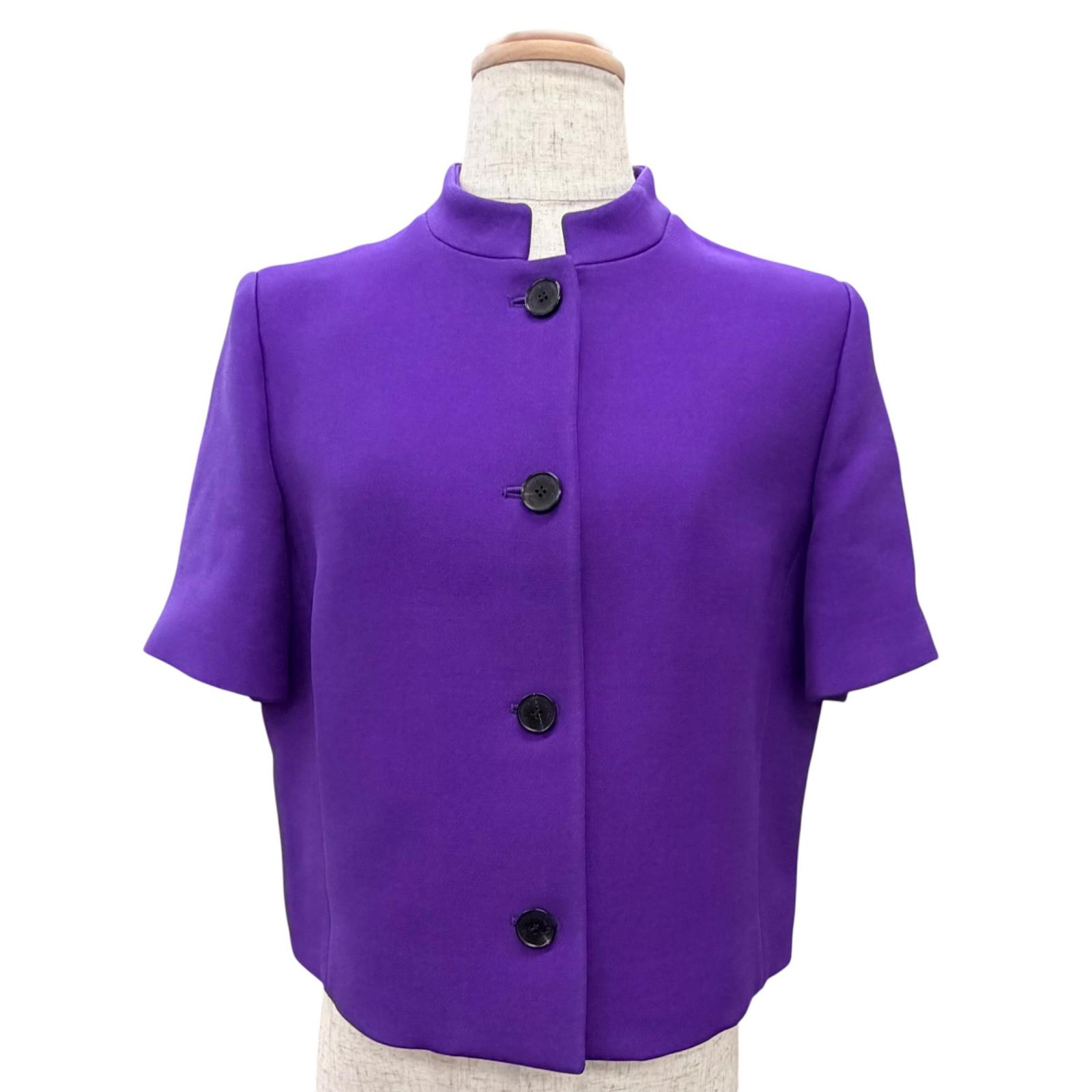極美品△Christian Dior クリスチャンディオール 341V16A1162 ウール シルク ロゴボタン スタンドカラー 半袖 ショート ジャケット パープル 40 イタリア製 正規品 レディース 【中古】｜衣類＆ブランドリサイクル GREEN