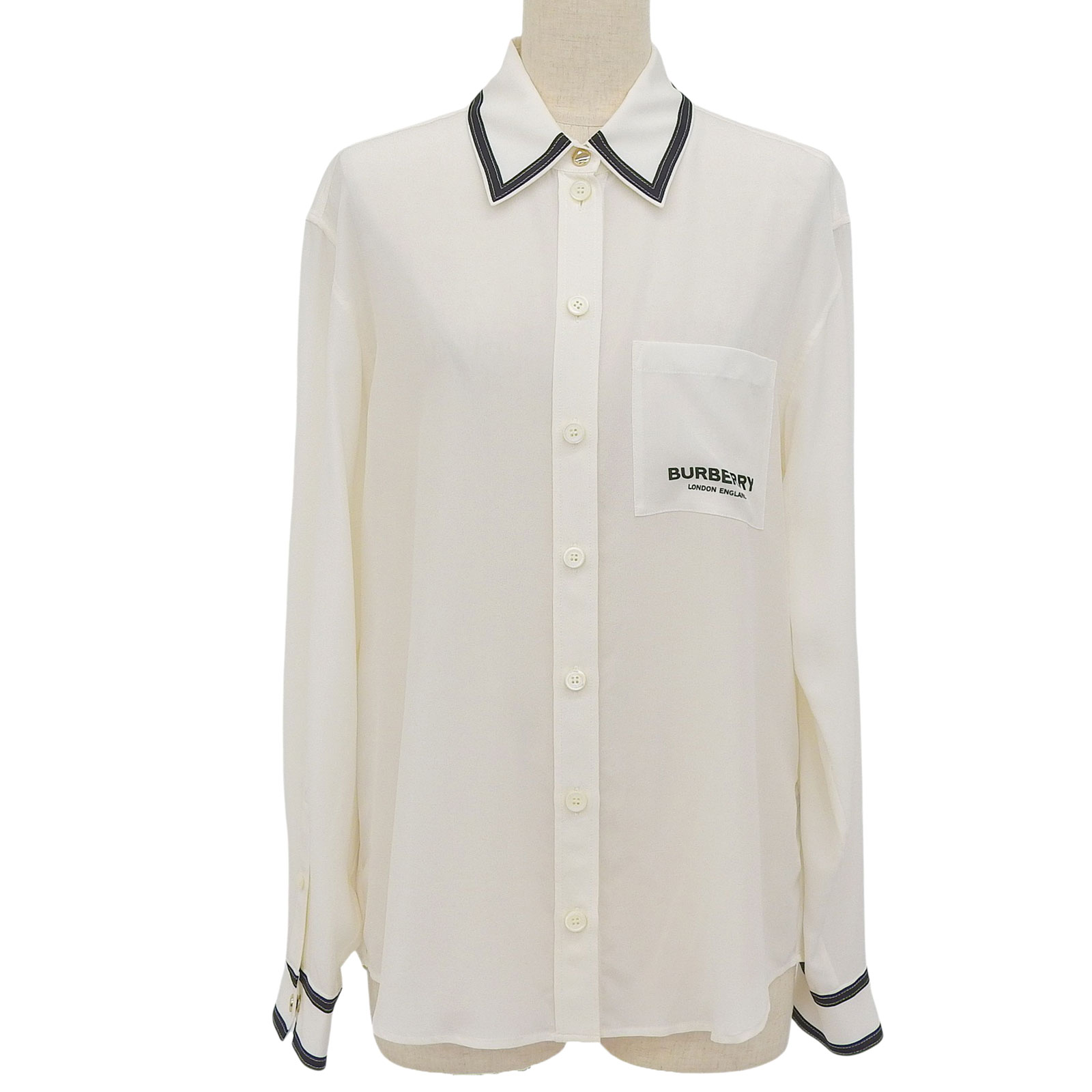 極美品▲BURBERRY バーバリー 8042483 シルク100% ホースフェリープリント ロゴボタン付 長袖シャツ オフホワイト 36 イタリア製 正規品 レディース 【中古】|衣類&ブランドリサイクル GREEN