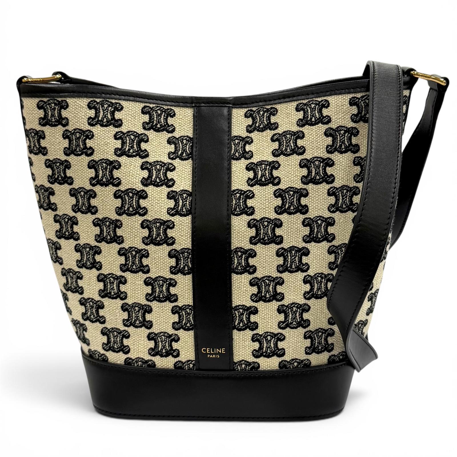 極美品★CELINE セリーヌ 19144 スモール バケット/トリオンフキャンバス＆カーフスキン ショルダーバッグ オフホワイト ブラック イタリア製 レディース 【中古】｜衣類＆ブランドリサイクル GREEN
