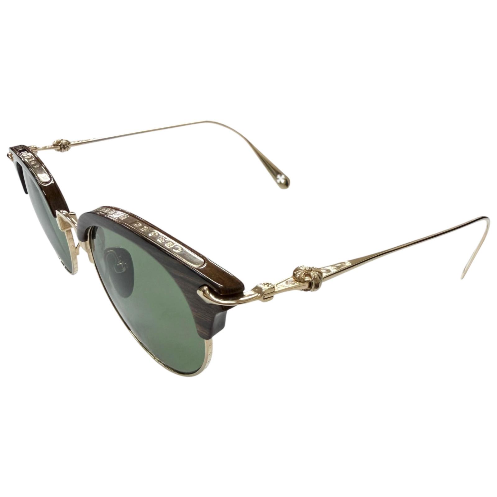 美品□CHROME HEARTS クロムハーツ SLUNTRADICTION II ウッド ハーフリム サーモントブロー サングラス アイウェア ブラウン ゴールド グリーンレンズ 48□20-148 日本製 メンズ 【中古】｜衣類＆ブランドリサイクル GREEN