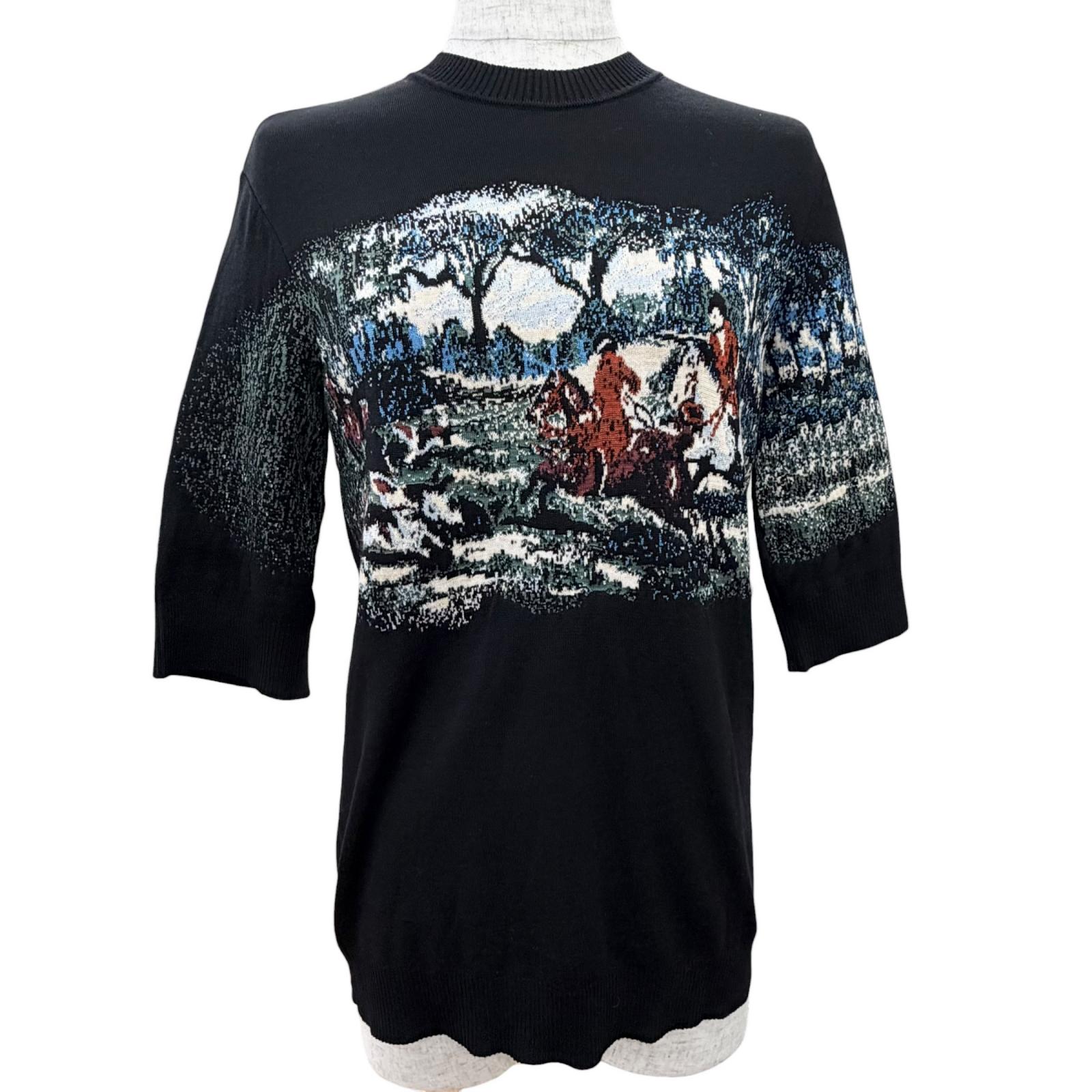 極美品△Christian Dior クリスチャンディオール 7C24529AM555 ウール100% 総柄 狩猟風景デザイン 五分袖 ニット ブラック 38 イタリア製 正規品 レディース 【中古】|衣類&ブランドリサイクル GREEN