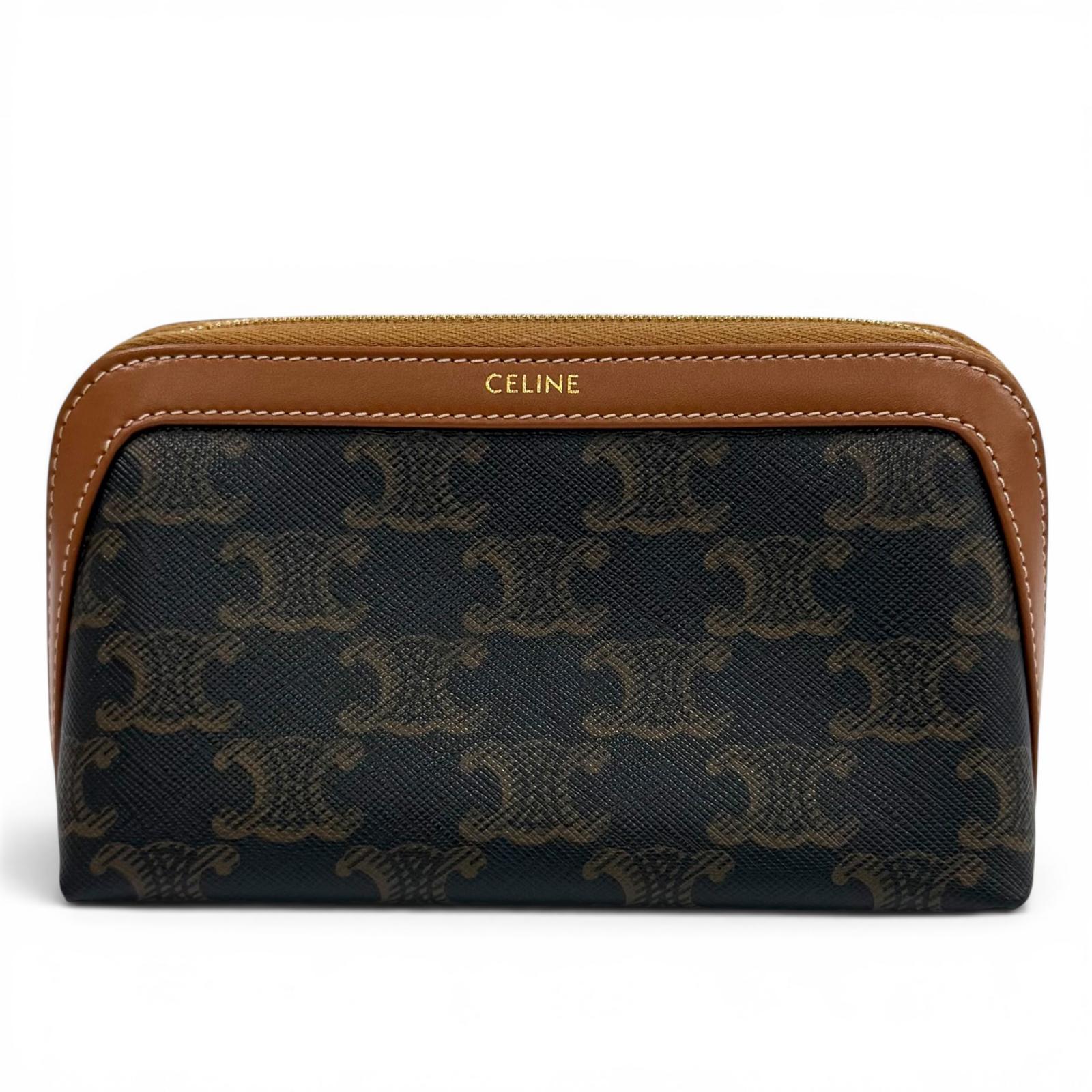 美品★CELINE セリーヌ 4M1622CZ スモール コスメティックポーチ トリオンフキャンバス カーフスキン タン 化粧ポーチ ゴールド金具 イタリア製 レディース 【中古】｜衣類＆ブランドリサイクル GREEN