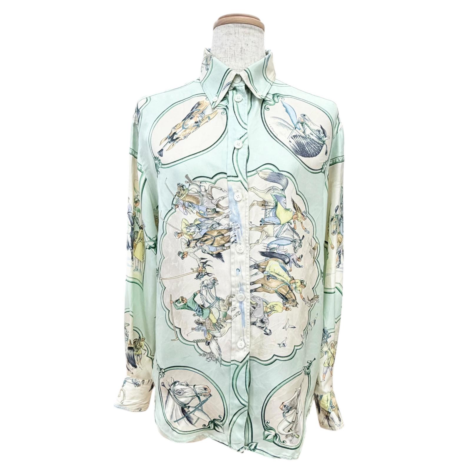 極美品△HERMES エルメス LES CHEVAUX DES MOGHOLS ムガル王朝の馬 シルク100% マルジェラ期 長袖シャツ ライトグリーン系 アイボリー 34 フランス製 レディース 【中古】|衣類&ブランドリサイクル GREEN