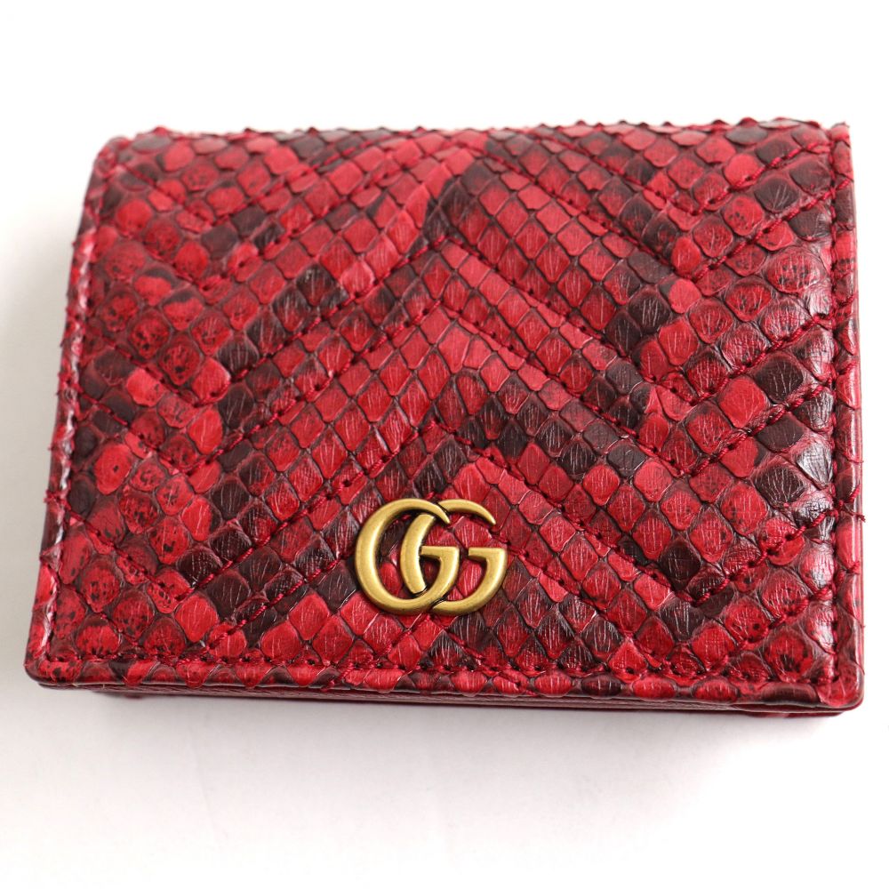 格安人気 中古 極美品 Gucci グッチ Ggマーモント 2つ折り パイソンレザー コンパクトウォレット 財布 レッド イタリア製 箱 保存袋付 最も優遇 Ozonolifeperu Com