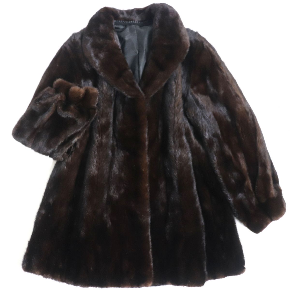 極美品 Mink ミンク 逆毛 裏地刺繍入り 本毛皮コート ダークブラウン 毛質艶やか 柔らか 高級品
