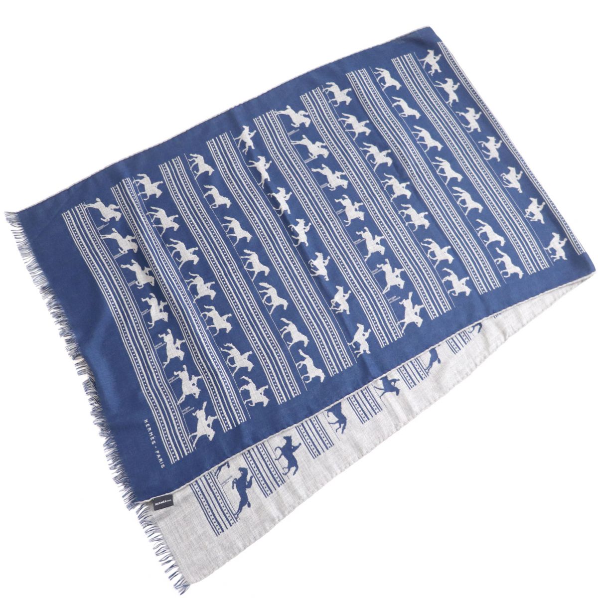 美品hermes エルメス カシミヤ シルク グレー ストール ネイビー フリンジマフラー ホース総柄 メンズ レディース 大判ショール 大人気 ホース総柄