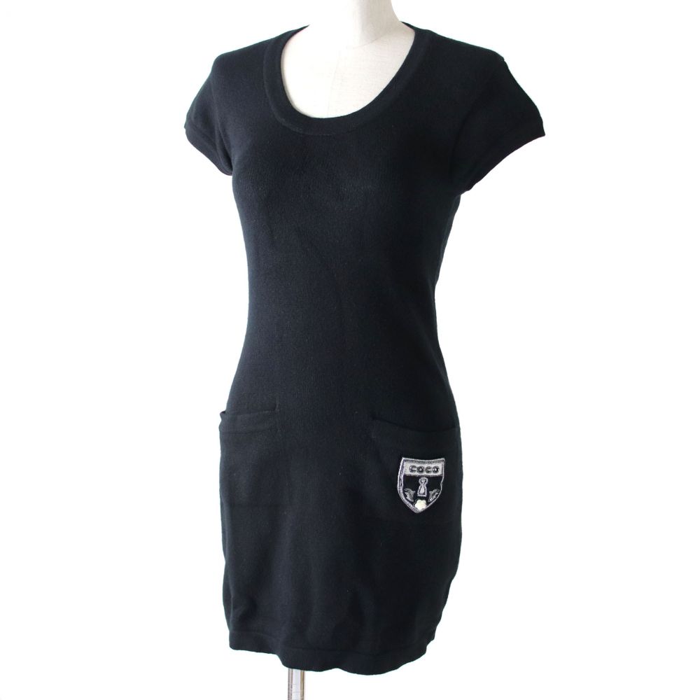 適切な価格 P 07a シャネル Chanel 中古 美品 上質 ビーズ刺繍 秋冬 34 レディース 黒 ブラック ニットワンピース 半袖 カシミヤ100 エンブレム付 ワンピース Williamsav Com