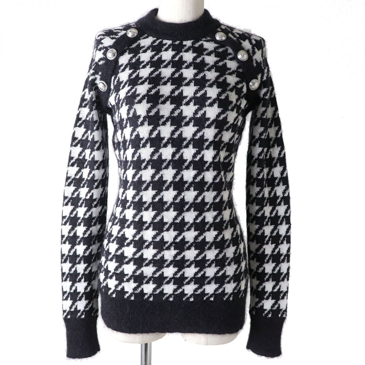 極美品◇正規品 BALMAIN バルマン SF03079K554 ロゴボタン付 千鳥格子柄 長袖 モヘア混 ニット セーター ブラック×ホワイト 黒×白 レディース 36 冬物◎ フランス製