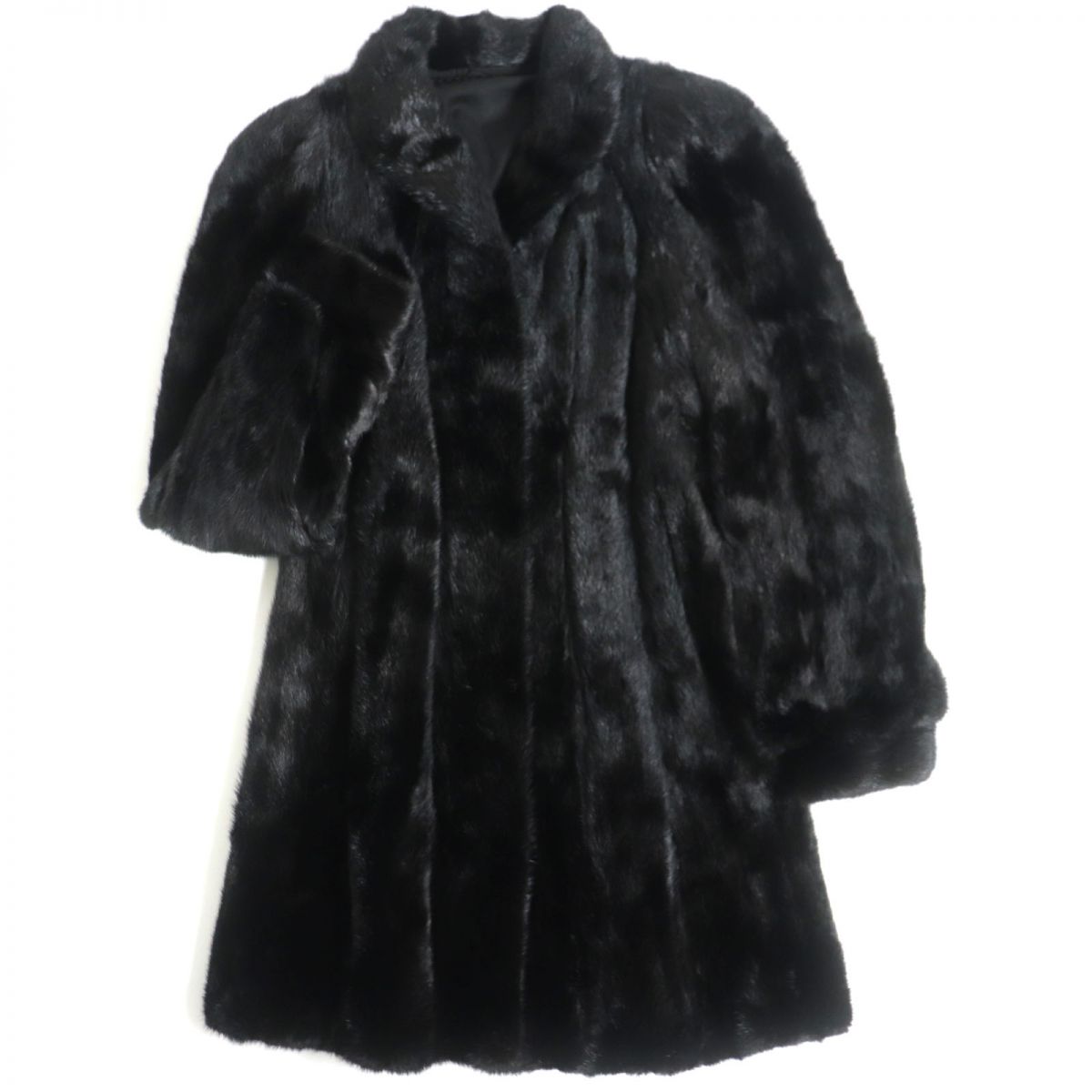 良品▼MINK ミンク 逆毛 本毛皮セミロングコート ブラック F 毛質艶やか・柔らか◎