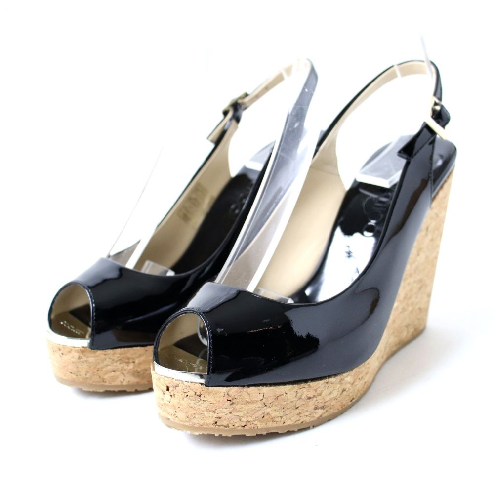 新発売の 中古 極美品 美ライン Jimmy Choo ジミーチュウ ウェッジソール オープントゥ パテントレザー バックストラップサンダル ブラック 黒 37 選べるサイズ展開 Nphl Go Ke