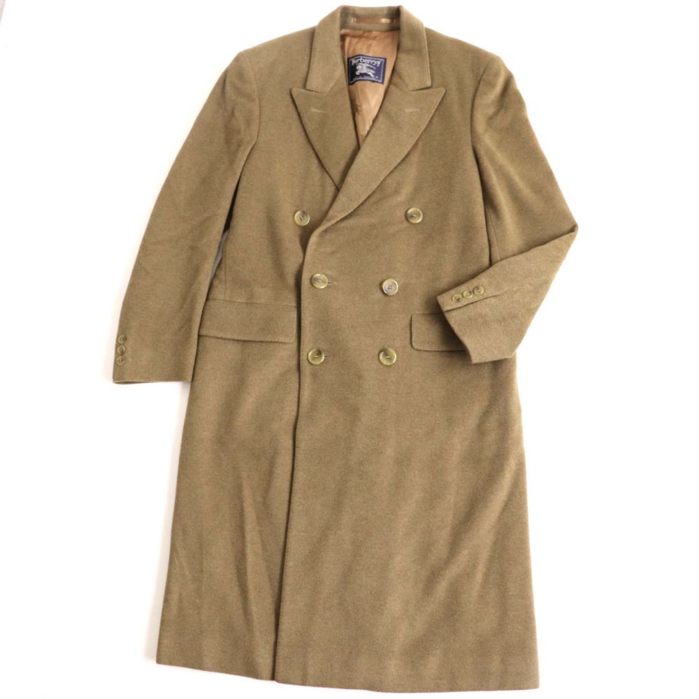 年中無休 中古 美品 バーバリー メンズ イングランド製 茶系 ダブルチェスターコート ロングコート ヴィンテージ カシミヤ100 裏地ロゴ柄 ピークドラペル Q04 St 2