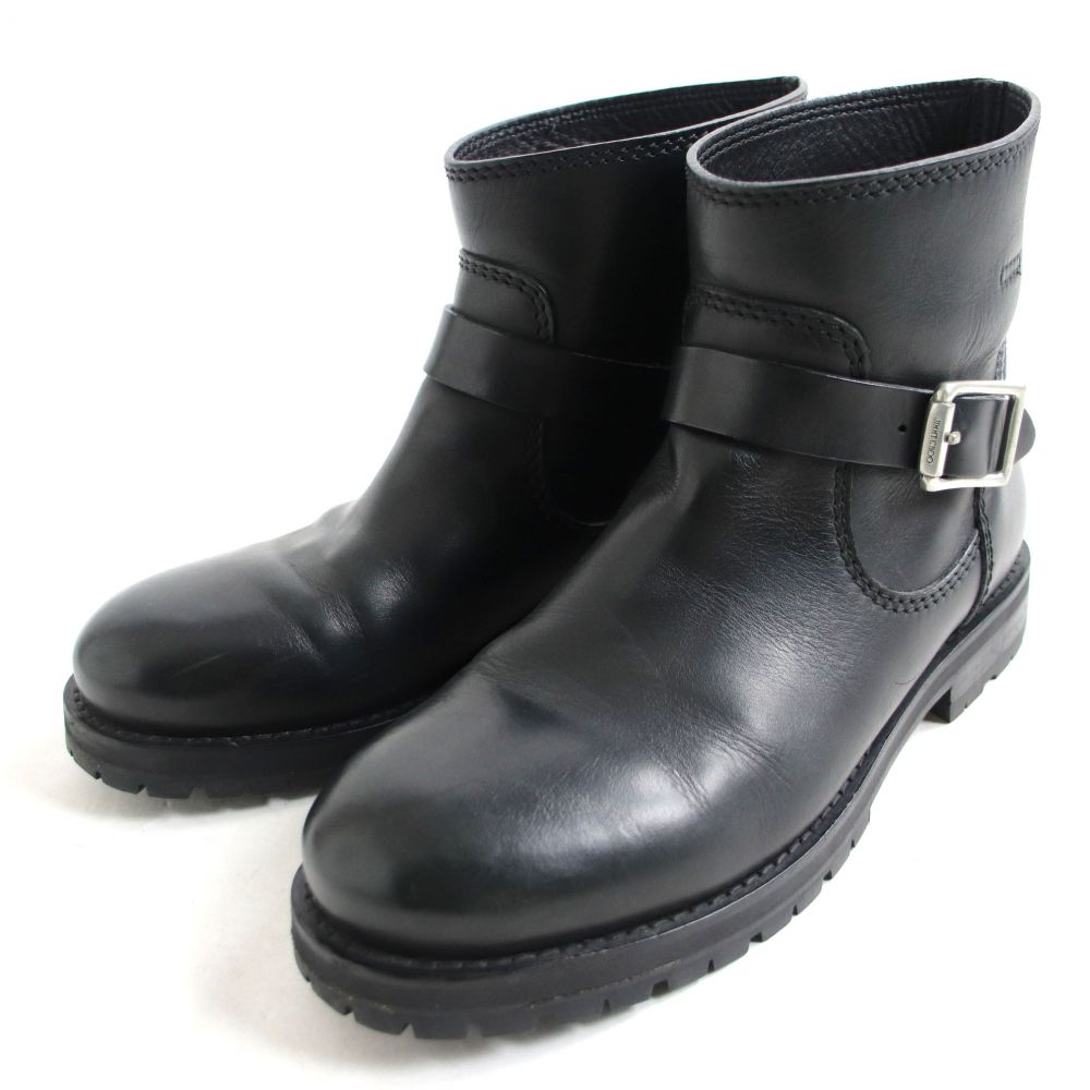 正規品販売 Choo ジミーチュウ ロゴ入り ベルト付き レザー ショート丈 エンジニアブーツ ブラック 42 イタリア製 オススメ 中古 美品 Jimmy T07 St 69 Bronze Qa