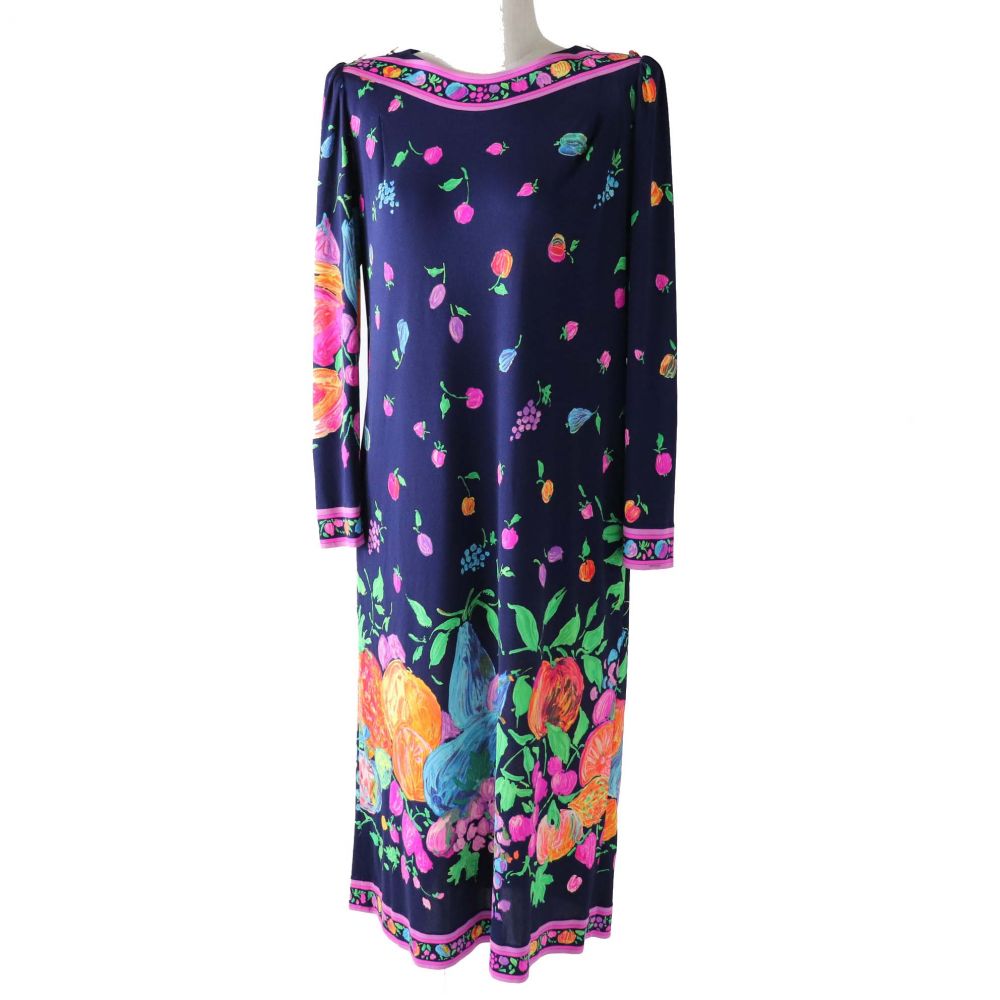売れ筋 中古 3 極美品 レオナール ファッション レディース シルク100 長袖 超ロングワンピース ダークネイビー マルチ 花柄 フルーツ柄 9ar 衣類 ブランドリサイクル Green 工場直送 Erieshoresag Org