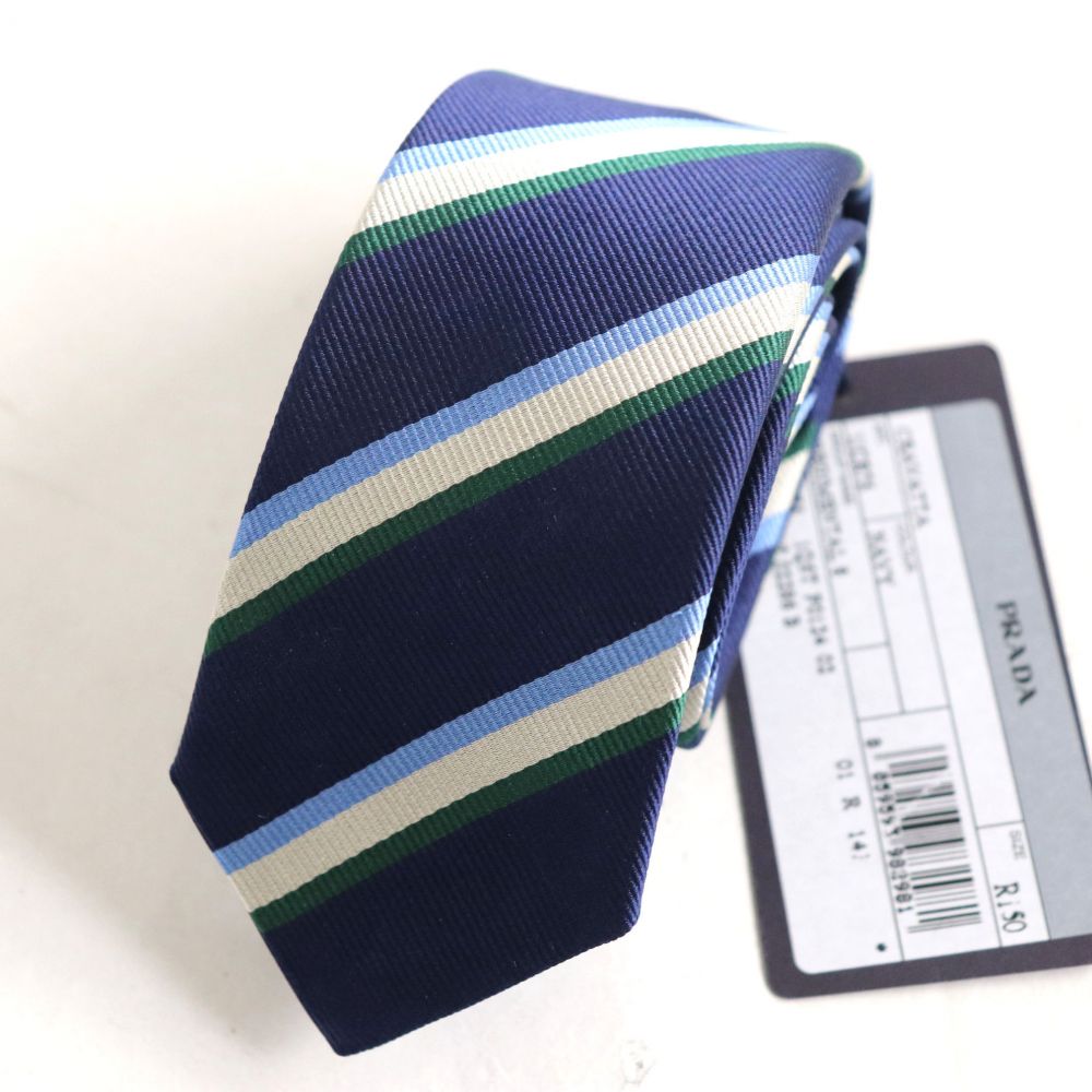 流行に 未使用品 17年製 Prada プラダ レジメンタルストライプ シルク100 ネクタイ ナロータイ ネイビー 50 イタリア製 メンズ タグ付き 定価から3０ オフ Laser 101 Com