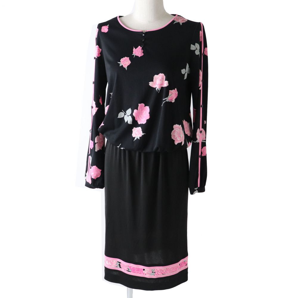 中古 極美品 正規品 日本製 Leonard Fashion レオナール ファッション レディース 長袖 ワンピース 黒 ピンク フラワープリント 36 Painfreepainrelief Com