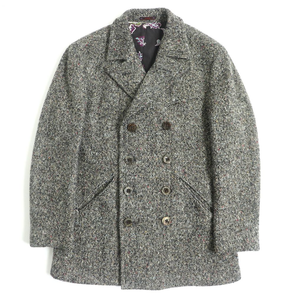 中古 美品 正規品 Etro エトロ 裏地ペイズリー柄 モヘア混 ウールツイード ピーコート Pコート ブラック ベージュ系mix 48 イタリア製 メンズ Alittlepeaceofmind Co Uk
