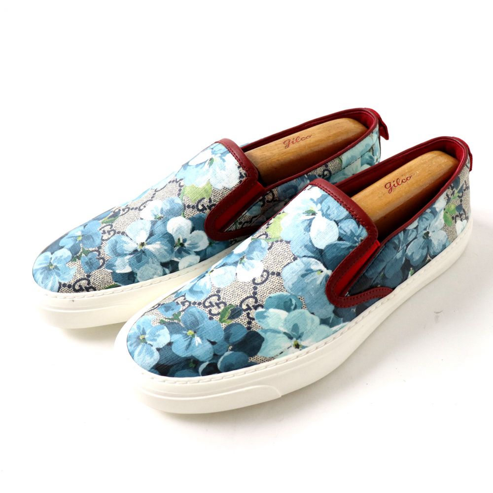 極美品 イタリア製 Gucci グッチ ユニセックス Ggスプリーム ブルームス スリッポン スニーカー ブルー 花柄 Gg柄 39 1 2 中古 Kuechen Ly