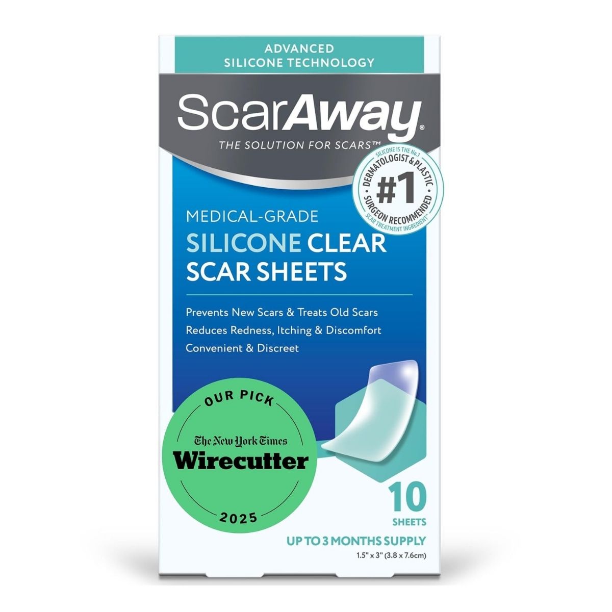ScarAway アドバンスト クリア シリコン 傷跡シート　(1.5 インチ x 3 インチ)、クリア シート 10 枚　ScarAway Advanced Clear Silicone Scar Sheets, Medical Grade Silicone Strips (1.5\