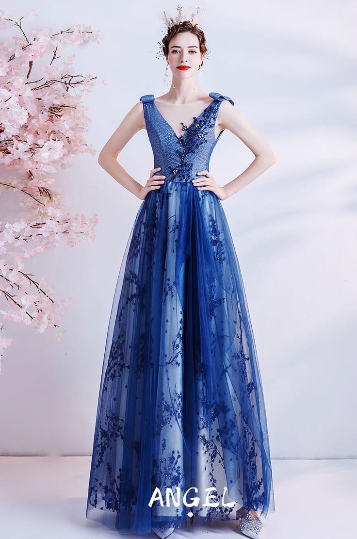 青い星空ロマンティック花嫁ウェディングドレス結婚式礼服パーティードレスワンピースドレスロングタイプスカートイブニンブライダルウェディングドレス披露宴二次会礼服ビスチェ二次会ドレスお姫様ドレステージパフォーマンスホストキレイ