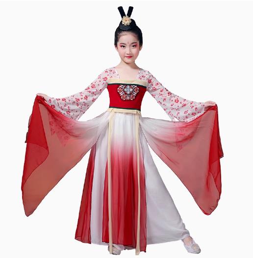 子供中華ダンス衣装ロングチャイナドレス中華服漢服飄逸スリット振り袖水袖中国古典舞踊ダンス衣装女の子練功服二胡箏フルート古典楽器吹奏会演奏会扇子舞合唱中華ドレス飄逸女漢唐斉胸スカート120130140150160170レッド