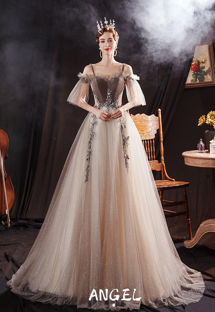 特別なゴールデンコーヒー色星空ロマンティック花嫁ウェディングドレス結婚式礼服パーティードレスワンピースドレスロングタイプスカートイブニンブライダルウェディングドレス披露宴二次会礼服ビスチェ二次会ドレスお姫様ドレステージパフォーマンスホストキレイ