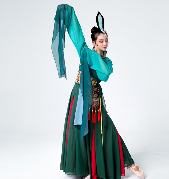 名著舞春舞蹈踊古典派音楽社交ダンス御召しもの瀬戸もの服中華民族ダンスウェアヨガバレエ御召しものレディースシースルーワンピースズボン訓練を受ける着剣舞気違い社交ダンス外形服民族風服飄逸カンフー御召しものロングスカートガウチョパンツセット妖精水袖緑