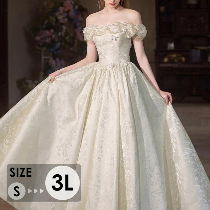 ウェディングドレスオフショルダー花嫁ドレス上品クラシカルロングドレスAラインレース刺繍結婚式披露宴二次会前撮り後撮りフォトウェディング大人可愛いアイボリーn1f6
