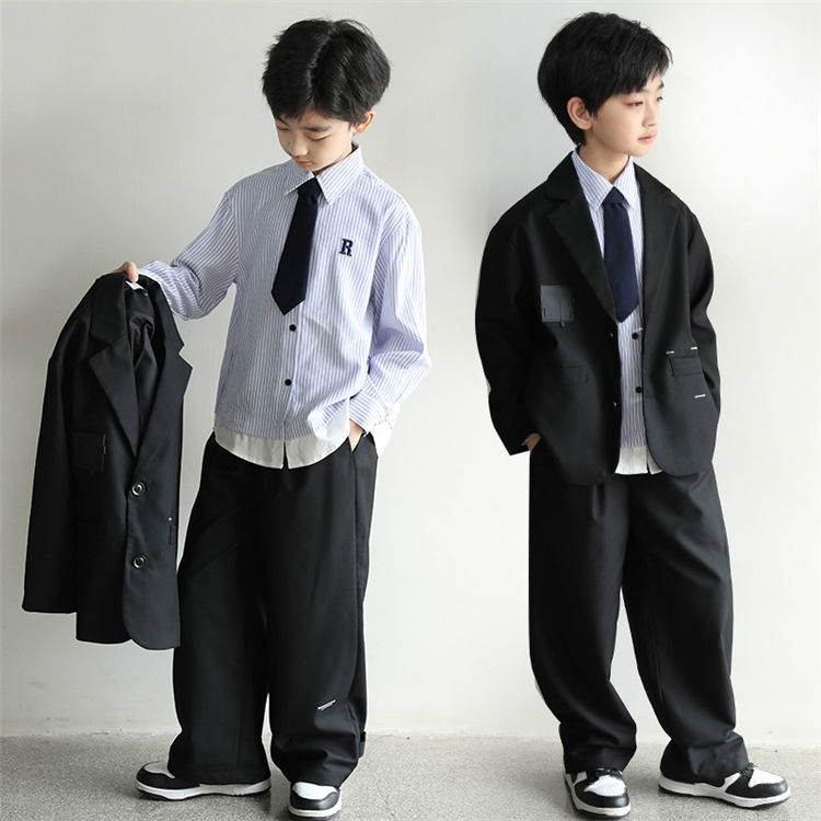 卒業式スーツ男の子160卒服ブラックカジュアルセットアップフォーマルスーツ入学式パンツ4点セットジャケット長袖白シャツネクタイ卒園式入園式キッズオシャレ発表会結婚式お受験面接制服小学生中学生高校生大きいサイズ120-180cm