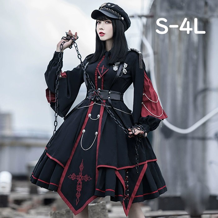 ミニロリ軍服ロリータフルセットミリタリーロリィタブラック黒膝丈レディースロリータアウター着?せうしろ帯長袖ありゴスロリパステル色の向こう見ず着心地黒いことS-4L(3XL)グローリーパーク