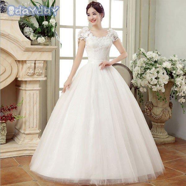 ウエディングドレスロング丈ホワイト豪華体型カバー上品気質優雅結婚式二次会演奏会花嫁ドレス披露宴撮影編み上げ式