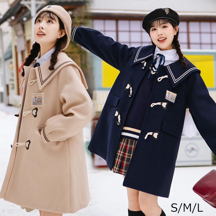 スプリングコート レディース ステンカラーコート ミディアムコート ノーカラー ロリータ 冬服 リボン ジャケット ロリータコート ロリータアウター トップス アウター 小柄 可愛い 学生 通学 通勤 ゴスロリ 厚手 防寒 寒さ対策 秋冬 ベージュ ネイビー S M L zbm4