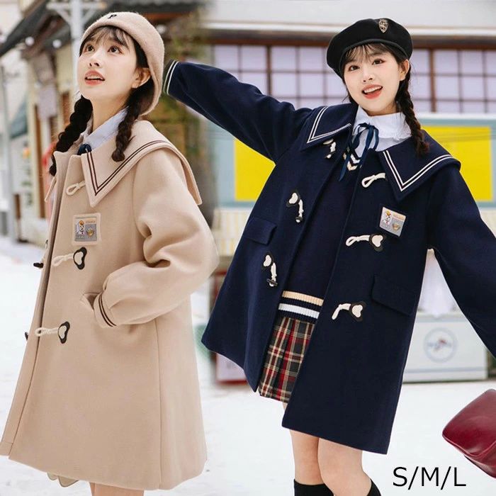 ダッフルコート レディース ステンカラーコート ミディアムコート ノーカラー ロリータ 冬服 リボン レディース ジャケット ロリータコート ロリータアウター トップス アウター 学生 通学 通勤 ゴスロリ 厚手 防寒 寒さ対策 秋冬 ベージュ ネイビー S M L mc052zbzbm3