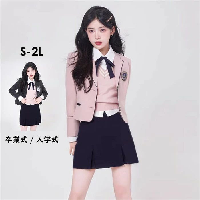 卒業式 入学式 スカートスーツ レディース フォーマル 5点セット ジャケット ベスト シャツ スカート セット 学生服 中学生 高校生 リボン ピンク グレー S-2L ma009z7z7m3