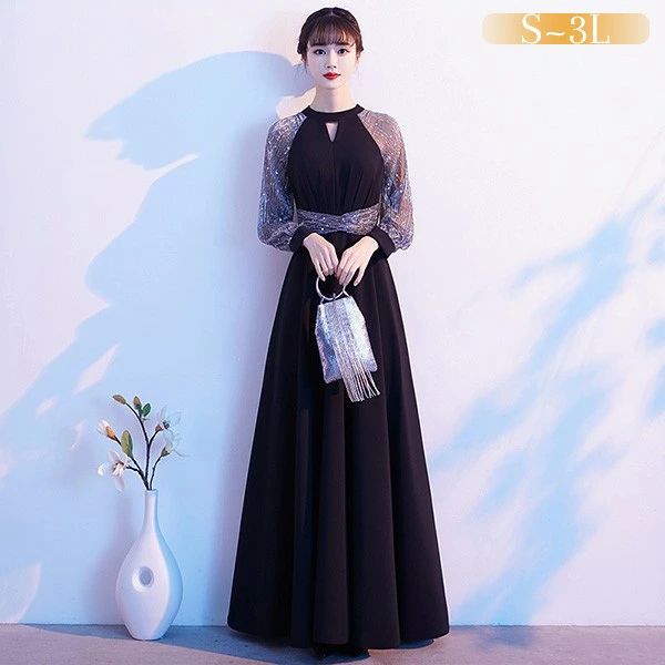ロングドレス 黒 キラキラ 袖あり 長袖 パーティードレス 演奏会ドレス ピアノ発表会 結婚式 フォーマル 大人 上品 ミモレ丈 ショート丈 カットアウト Aライン ワンピース お呼ばれ 大きいサイズ S～3L 母親 ドレス 黒ドレス da228n1n1x1