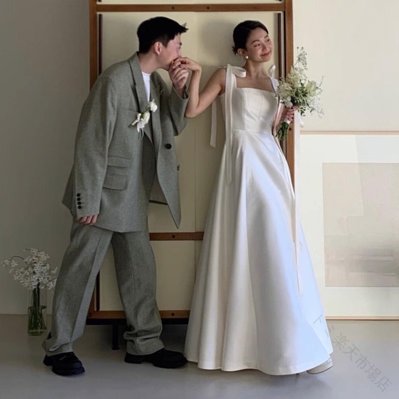 二次会ドレス ウェディングドレス キャミドレス 肩リボン付き 可愛い白サテンドレス 結婚式ドレス Aライン ロング ホワイト 海外挙式 撮影 XS S M L XL XXL対応