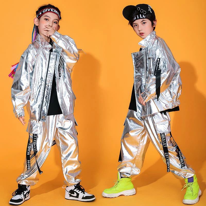 送料無料 ダンス 衣装 子供 メタリック キッズ ダンス衣装 ヒップホップ 銀 オーロラ 子ども 女の子 男の子 ダンス 衣装 韓国 子供服 b系 長袖 ジャケット パンツ ベスト スカート ストリート 社交ダンスシンプル チアリーダー チアパン 舞台衣装 海外通販