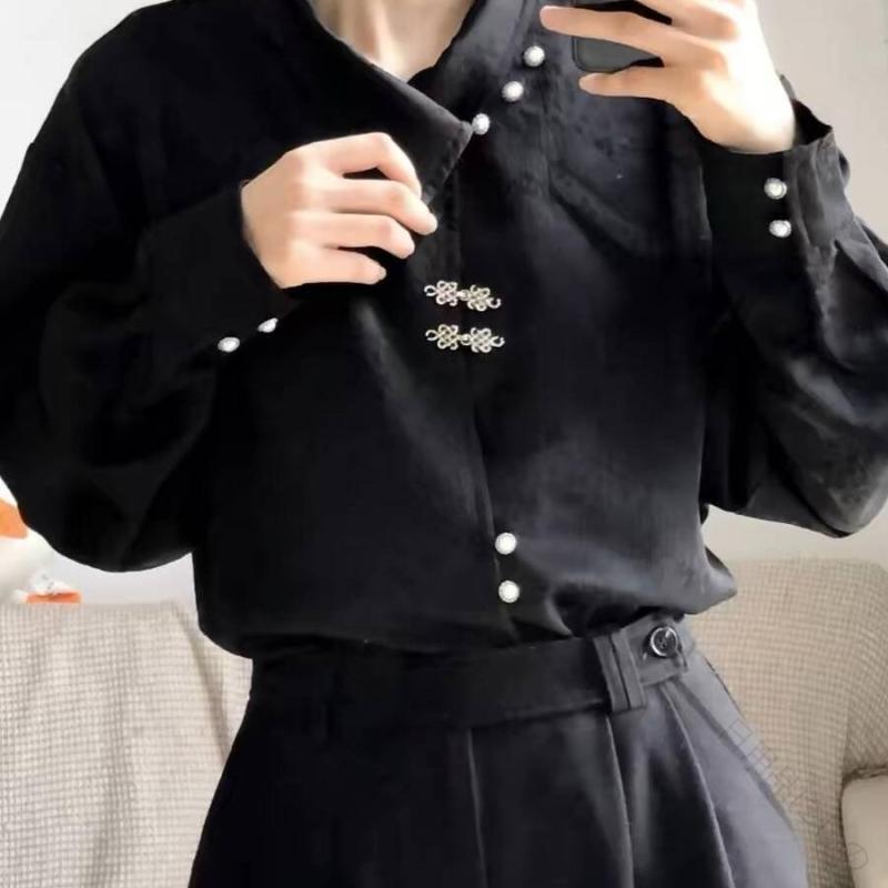 メンズ レディース チャイナ シャツ 長袖 スタンドカラー ディスクボタン ブラック ホワイト 中華風 韓服 春秋 カジュアル エスニック レトロ トップス