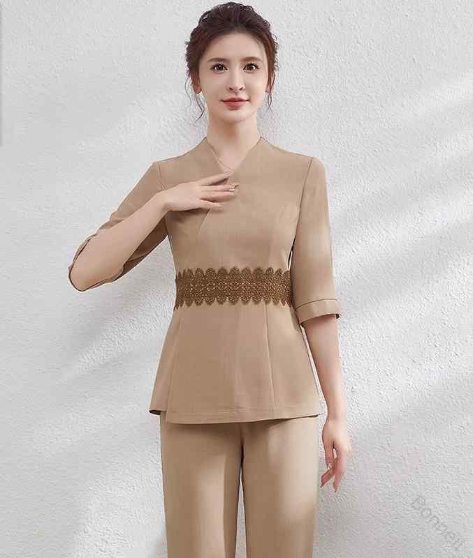 エステティックサロン 夏の制服 涼感素材 女性スタッフ おしゃれ作業着 動きやすいデザイン サロン用ウェア フットケア専門 清潔感抜群 お客様信頼感