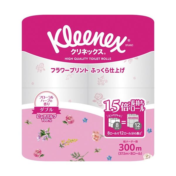 日本製紙クレシア クリネックス コンパクト フラワープリント ダブル 芯あり 37.5m 香り付き 1セット 64ロール 商い