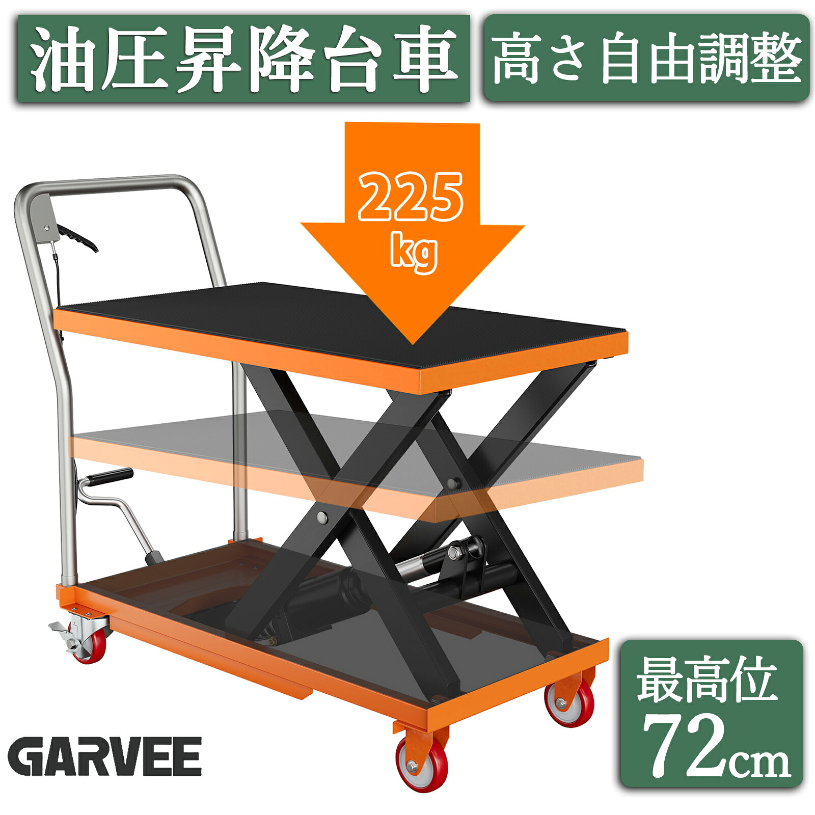 油圧式昇降台車 耐荷重約225kg リフトアップ 28cm-72cm 油圧リフトテーブル リフトカート テーブルカート ハンドリフター 昇降台車 台車 ゴムシート付 リフティングテーブル 運搬台車 台車