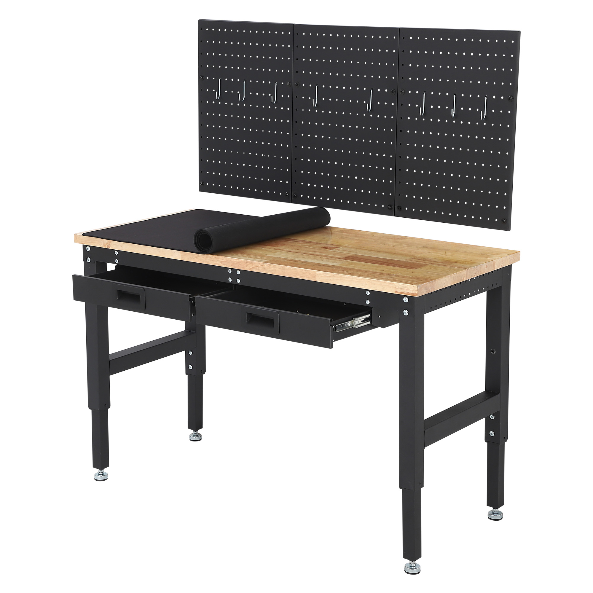 最大2000円OFF 全品 P5 倍 新登場価格 ワークテーブル 作業台 ワークベンチ 引き出し フック付 中量作業台 ワークデスク 模型 折りたたみ バックパネル付き ブラック パソコンデスク シンプルデスク ツールデスク ペグボード付き おしゃれ スチール脚 DIY 業務用｜グリッドオンライン