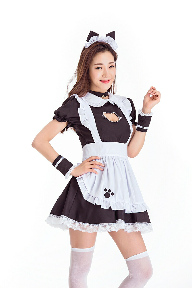 メイド服 ネコ耳 猫耳 コスプレ ワンピース メイド 服 可愛い 衣装 首輪 黒猫 ウェイトレス コスチューム メイドカフェ 制服 エロい エッチな 仮装 フリル ひらひら ふりふり アイドル ゆるい ゆるキャラ かわいい ミニスカ ゴスロリ 可愛いコスプレ 大人 胸の谷間見せ T