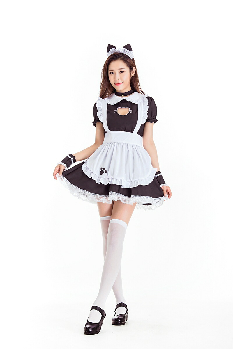 メイド服 ネコ耳 猫耳 コスプレ ワンピース メイド 服 可愛い 衣装 首輪 黒猫 ウェイトレス コスチューム メイドカフェ 制服 エロい エッチな 仮装 フリル ひらひら ふりふり アイドル ゆるい ゆるキャラ かわいい ミニスカ ゴスロリ 可愛いコスプレ 大人 胸の谷間見せ T