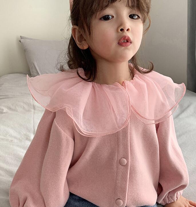 カーディガン キッズ服 子供服 女の子 アウター コート ニットトップス シフォン 襟 大きい襟 フリル チュール ピンク グレー ベージュ かわいい 可愛い おでかけ お洒落 おしゃれ 80 90 100 110 1 130 サイズ 秋冬 年 秋服 冬服 T