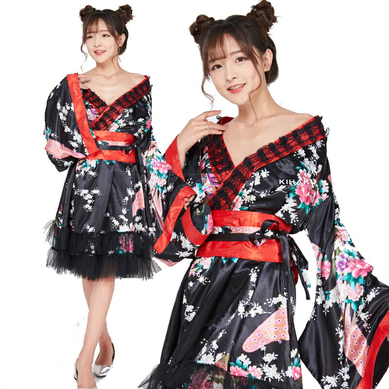 楽天市場 着物 浴衣 セット 花魁 レディース コスプレ 孔雀柄 黒 ワンピース ドレス ハロウィン 衣装 大人用 服 コスチューム エロい よさこい セクシー キャバドレス ミニドレス ミニ丈 和柄 T グリンファクトリー