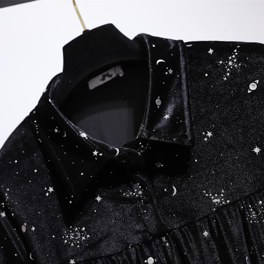 楽天市場 3l 7l 大きいサイズ ぽっちゃりさん 星柄 宇宙柄プリント ベルベット ワンピース T グリンファクトリー