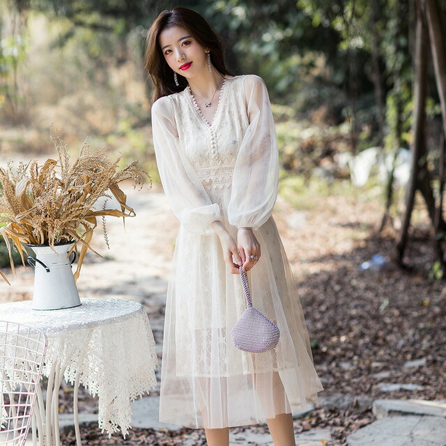 全2色 大きいサイズ M 3l 通勤 パーティー 大人優雅 パフスリーブ シフォンレース切替 Vネック ドレス ワンピース T Concertideas Com